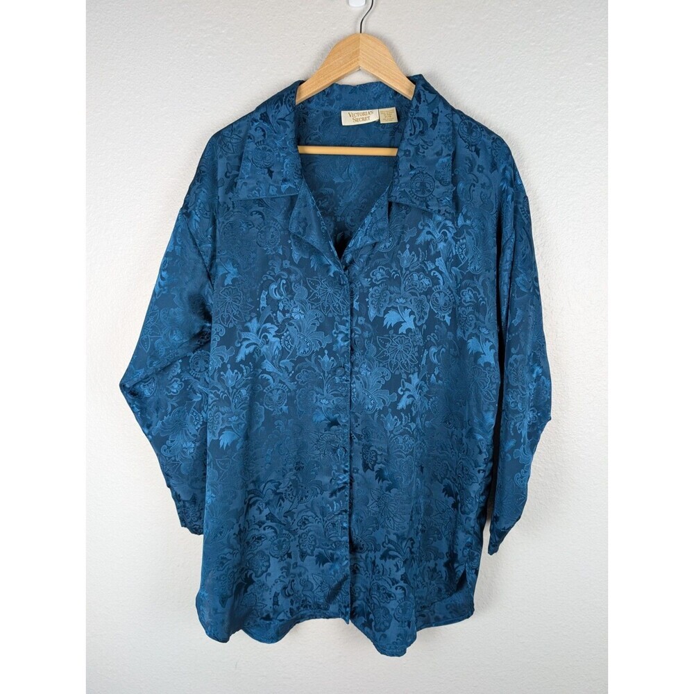 Victorias Secret S Sleep Night Shirt‎ Aqua Blue Jacquard Gold Label Vtg 80s 156